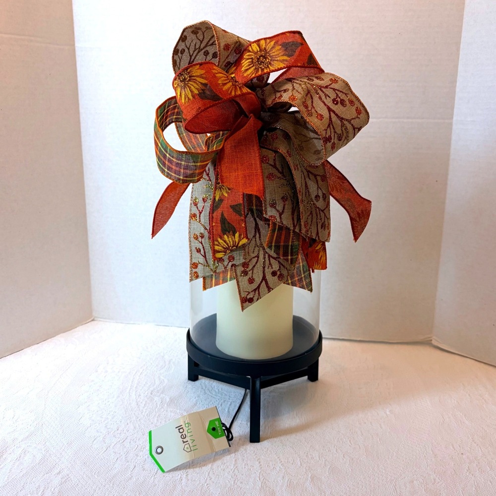 Real Living LED Candle Lantern Glass Cloche Fall Sunflower Bow Autumn Decor